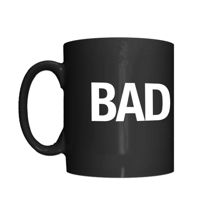 Black ceramic Nick Cave mug with white BAD SEED design