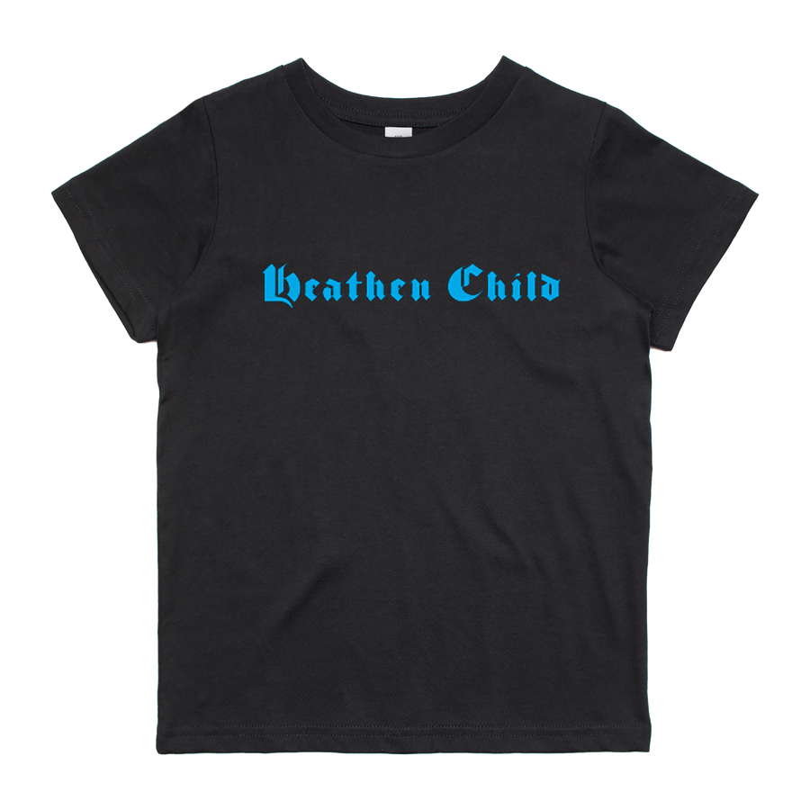 Black kids t-shirt with the text 'Heathen Child' printed in blue.