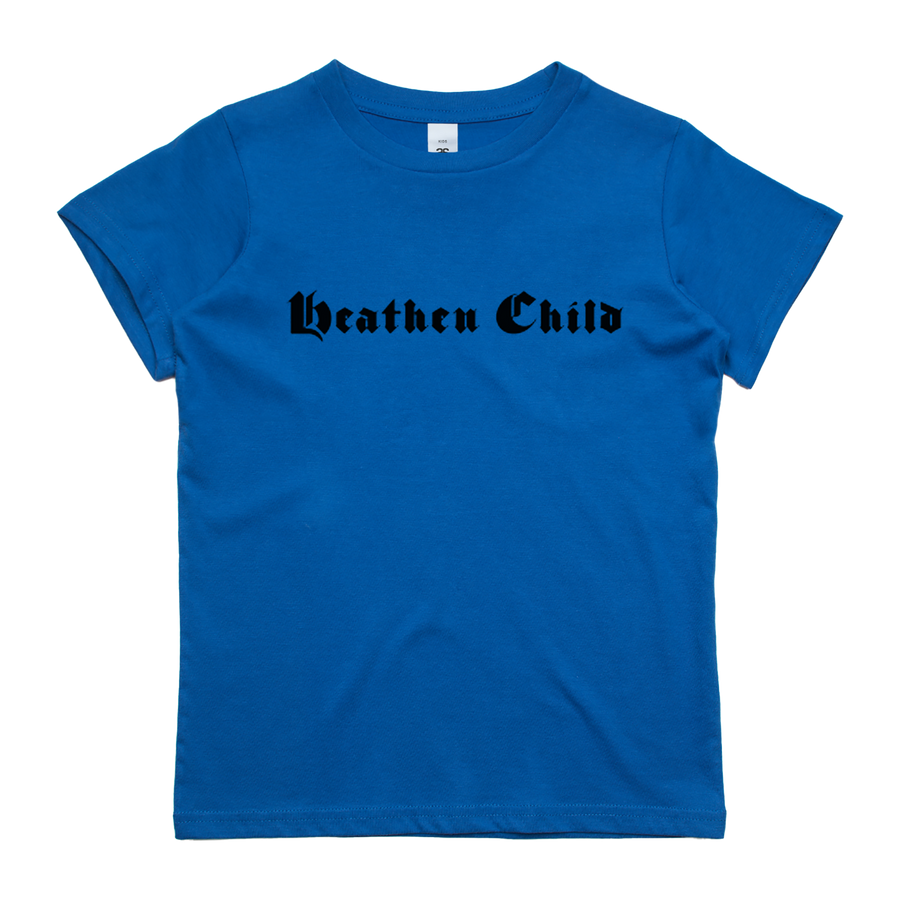 A blue kids t-shirt with the text 'Heathen Child' printed in black.