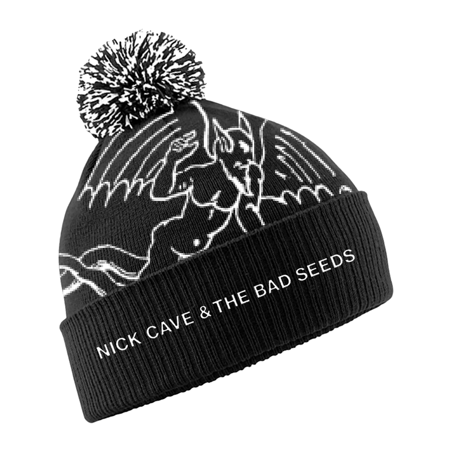 Black beanie with white designs and 'Nick Cave & The Bad Seeds' text