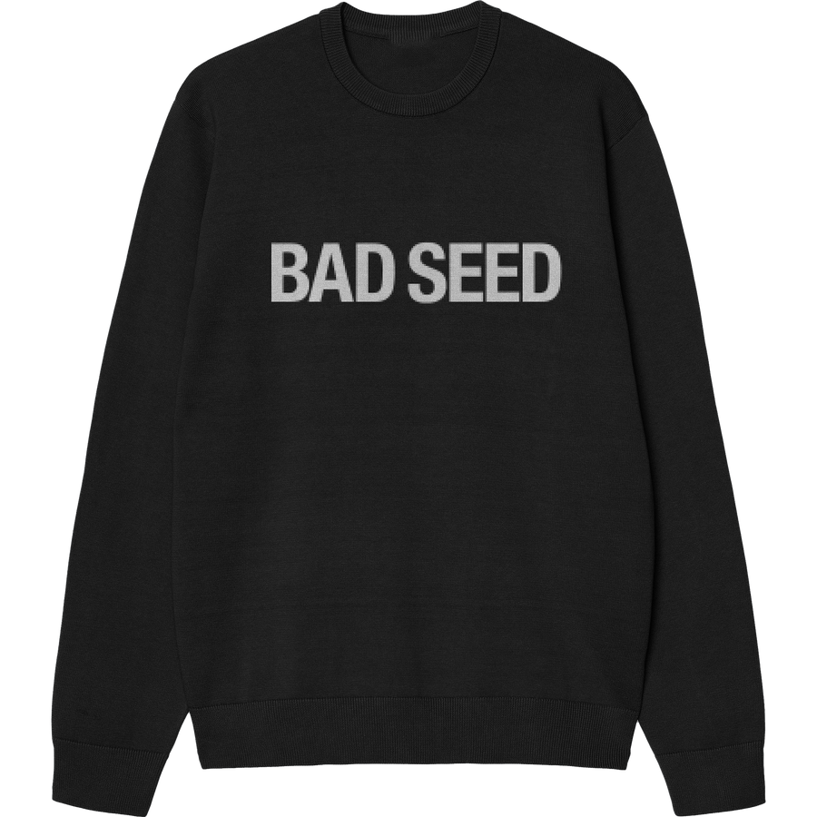 Black sweatshirt with 'BAD SEED' text 