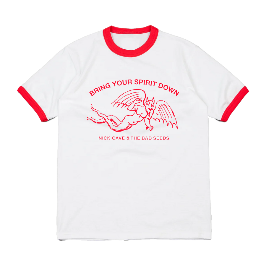 White t-shirt with red trim featuring a graphic and text 