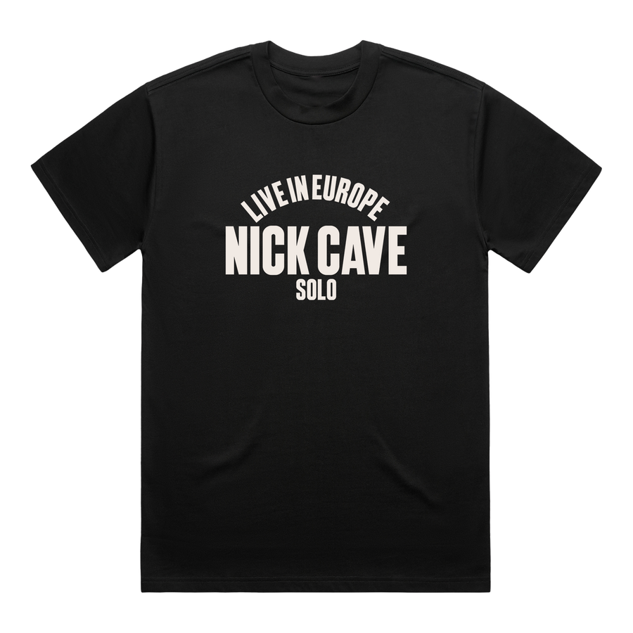 Black t-shirt with white text 'Live in Europe Nick Cave Solo' 