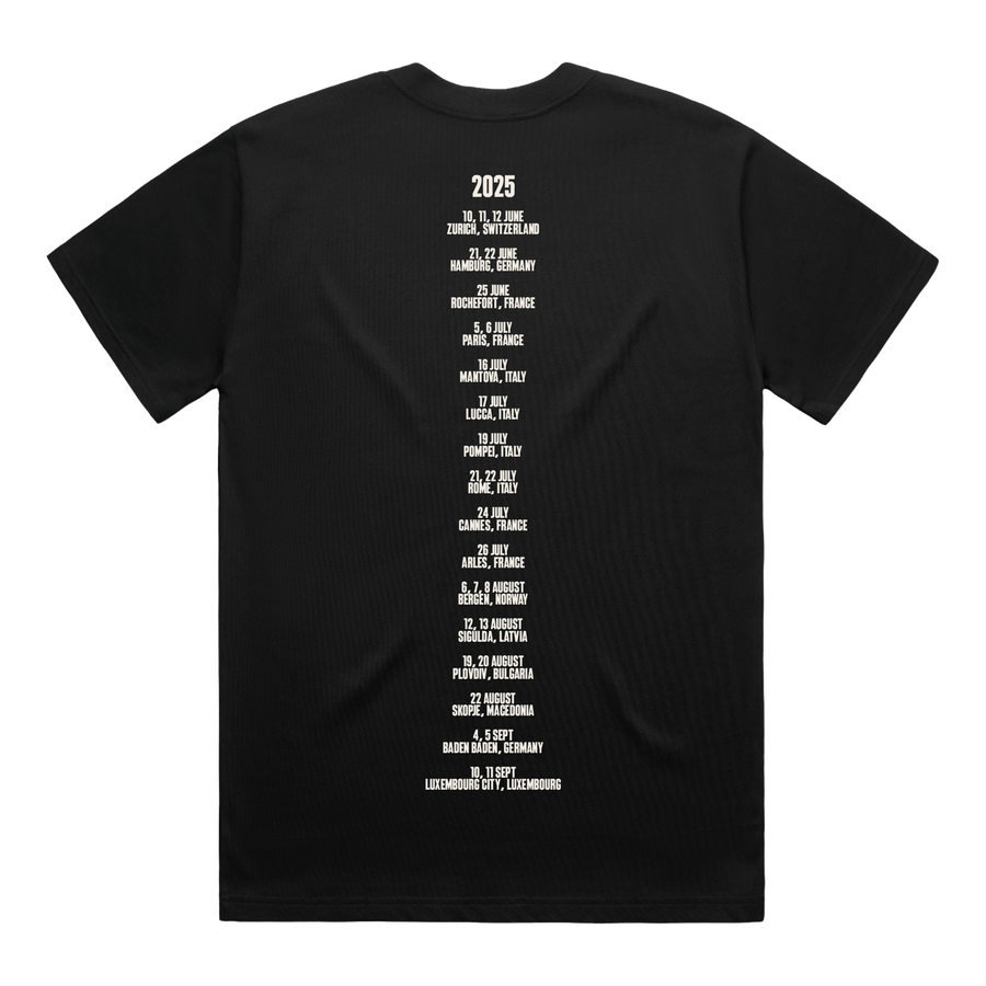 Black t-shirt with white text tour dates on the back 