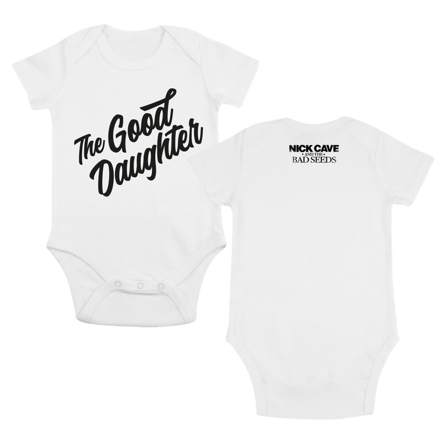 White Nick Cave baby grow with black 'The Good Daughter' print
