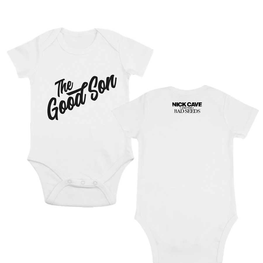 White Nick Cave baby grow with black 'The Good Son' print